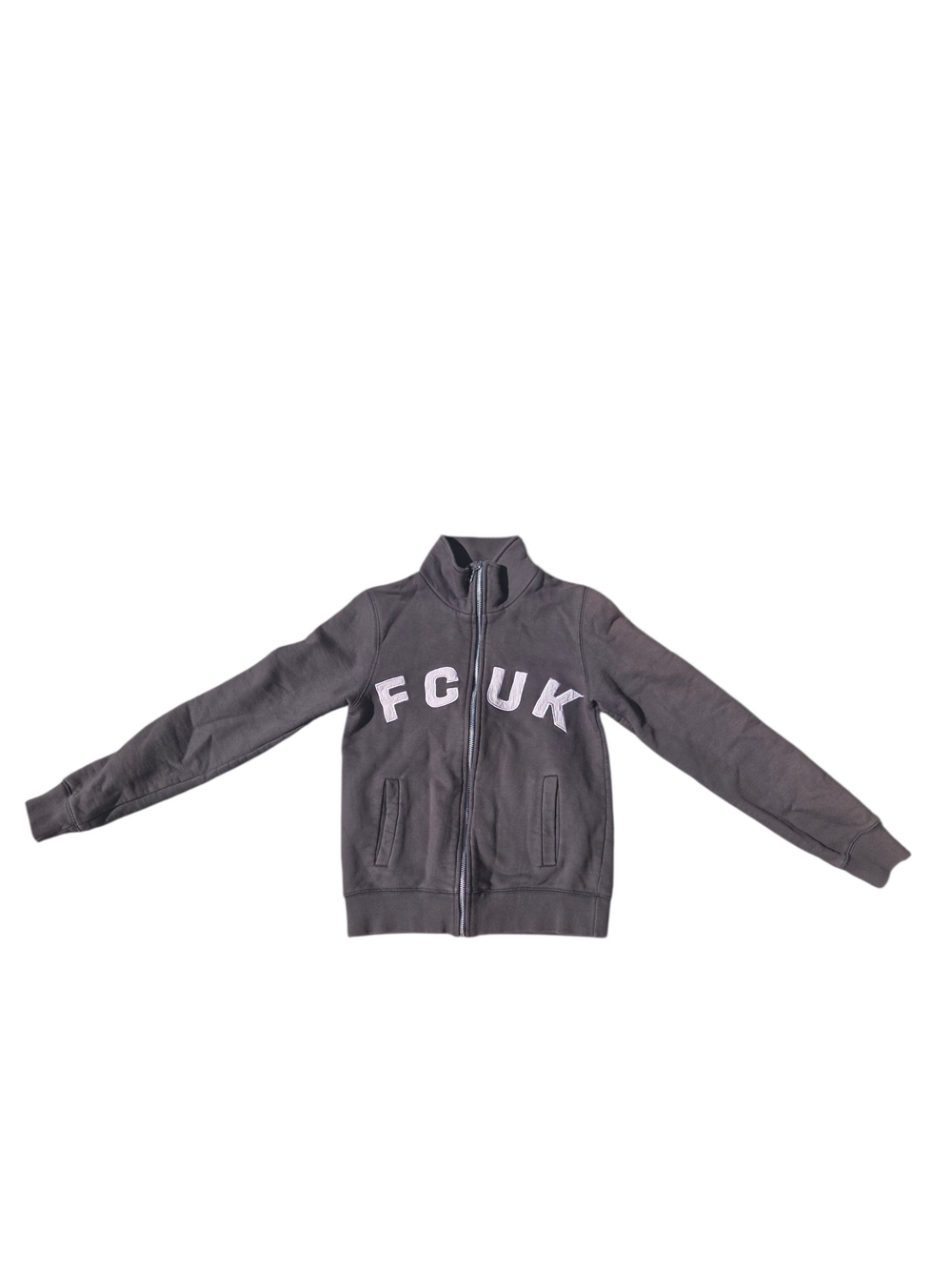 Y2K French Connection Women's Zip Up Sweatshirt. Size S. Charcoal/White
